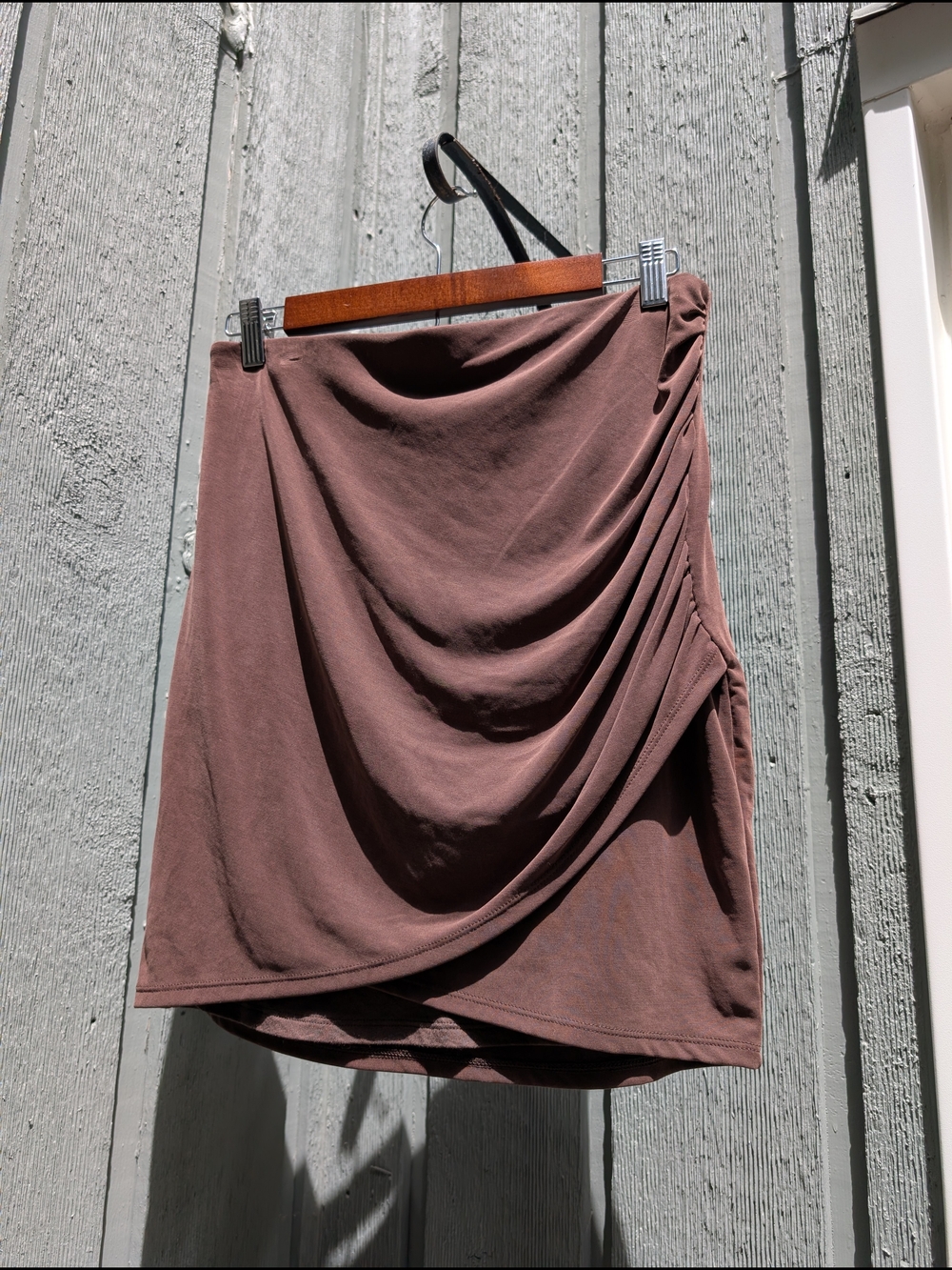 Express Asymmetrical Drape Skirt in Mauve Brown